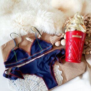 NWT Benedetta blue & red crochet stitching skini bikini top & side tie bottom